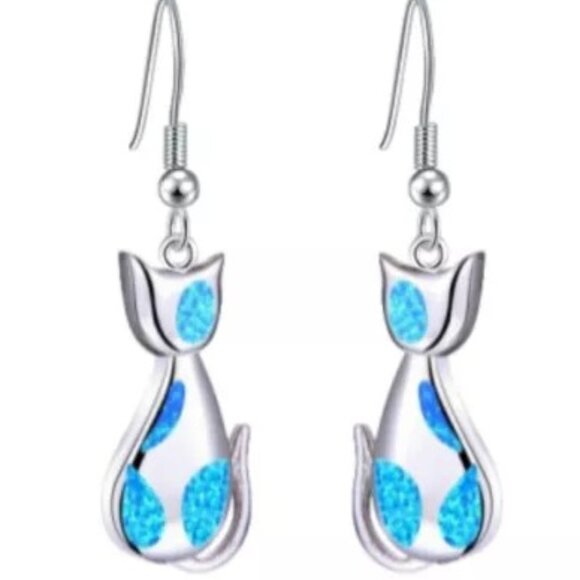 Beautiful Blue Fire Opal Sterling Silver Cute Cat Earrings - Picture 1 of 3